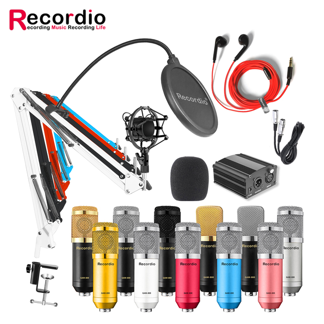 GAM-800+ High Sensitivity Omnidirectional Podcast Studio Recording Electret BM-800 Condenser Microphone with Phantom Battery Set