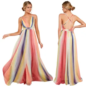 New Design Summer Sleeveless Backless Rainbow Maxi Colourful Dresses For Women