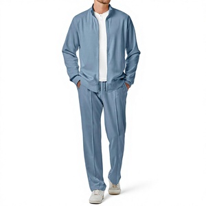Ensemble de survêtement décontracté 2 pièces pour homme, bleu clair, hiver, avec fermeture éclair intégrale, col montant, couleur unie, respirant, en polyester - Product Image 1