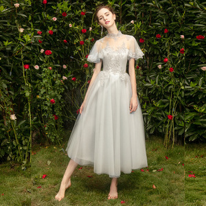 Bridesmaid Dress A-Line Tulle High Neck Natural Waist 3D Patterns Summer Style - Product Image 3