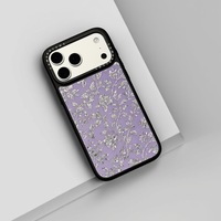 Coque de téléphone en verre trempé avec impression feuille d'or style coquille de conque et pivoine violette pour iPhone 16 17 18 Pro Max