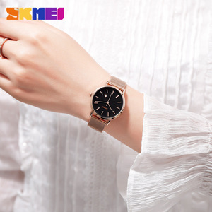 Skmei Women's Quartz Watch Rose Gold Mesh Band Black Dial Date Display Minimalist Fashion Business Style 8mm Thin Analog Watch - Product Image 3