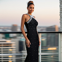 Robe longue sirène pour femme, dos nu, ornée de strass et de perles, sans manches, fendue au dos, moulante, pour soirée formelle, mariage ou invitées