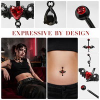 Anneau de nombril en acier inoxydable 316L 14G, motif aile de chauve-souris noire, cœur rouge et goutte d'eau en zircon cubique, piercing à filetage interne