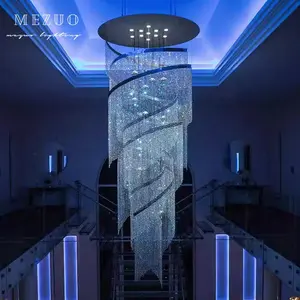 Luminária de teto redonda personalizada cromada suspensa luz cristalina borla luz espiral lustre de luxo para hotel lobby