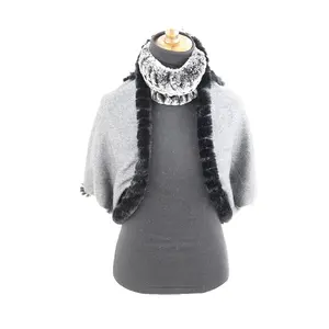 luxury fashion winter pure cashmere scarves Shawl custom women warm grey color cashmere scarf with rex rabbit fur trim