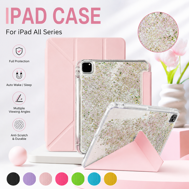 Bling Glitter Sparkle Origami iPad Case for Pro 11 13 M4 Air M2 2024 Aesthetic iPad Cover with Pencil Holder Corporate Gift Case