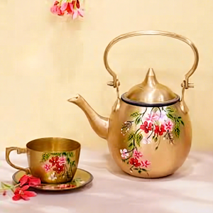 Golden Floral Tea Kettle With <b>Lid</b> Metal Handle Water <b>Pot</b> Flower Design - Product Image 1