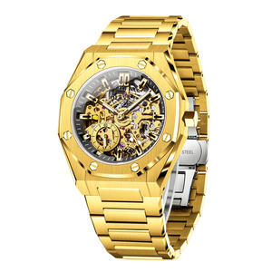 Montre-bracelet mécanique automatique de luxe pour hommes lunette vis or squelette conception étanche en acier inoxydable bande verre cadran fenêtre - Product Image 3