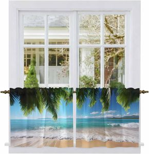 Cortinas Ocean Beach con Palmeras, Estilo Tropical, para Cafetería, Cortinas Cortas para Baño y Cocina, 2 Paneles, Personalizables - Product Image 3
