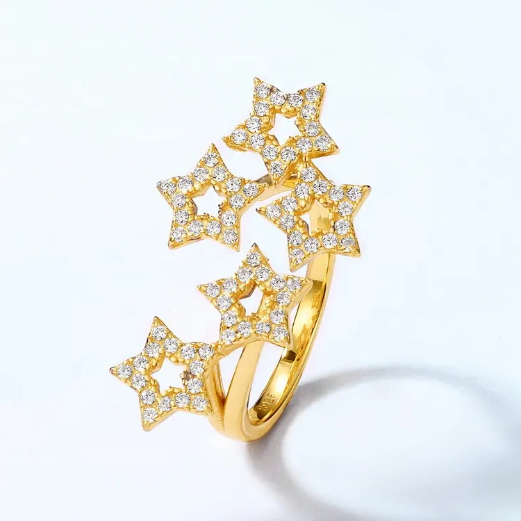 5A Cubic Zirconia Star Cuff Ring Women Gold Plated Sterling Silver Open Ring