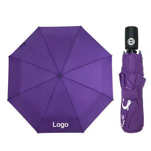 Nuovo Design 3 pieghe ombrello automatico pioggia Logo personalizzato ombrello viola per il commercio all'ingrosso