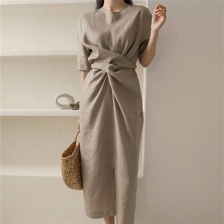 OEM Women's 100% Cotton and linen women clothing Summer Short Sleeve Waist Slimming Elegant women's linen dress