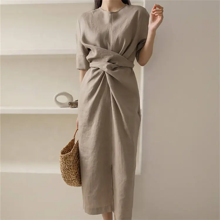 OEM của phụ nữ 100% cotton và Linen phụ nữ quần áo mùa hè Ngắn Tay Áo eo giảm béo thanh lịch của phụ nữ linen Ăn mặc