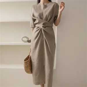 Abito da Donna OEM in <span class=keywords><strong>Cotone</strong></span> <span class=keywords><strong>e</strong></span> <span class=keywords><strong>Lino</strong></span>, Abbigliamento Estivo a Maniche Corte, Elegante Vestito in <span class=keywords><strong>Lino</strong></span> Snellente in Vita - Product Image 1