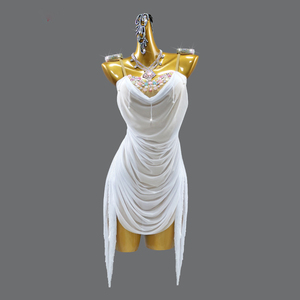 Costume de danse latine en tulle <span class=keywords><strong>blanc</strong></span> sur mesure avec cristaux scintillants pour la performance et la compétition - Product Image 2