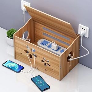 Caja de almacenamiento de madera para regleta de enchufes con organizador de cables para uso en oficina y hogar - Product Image 2