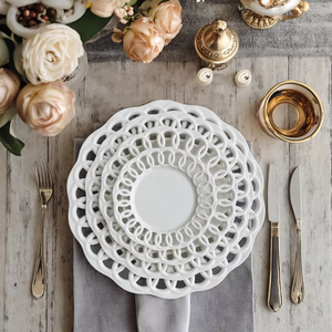 Ensemble de plats à dîner en céramique blanche au design ajouré élégant, <span class=keywords><strong>assiettes</strong></span> de présentation pour mariage, <span class=keywords><strong>assiettes</strong></span> décoratives pour table - Product Image 5