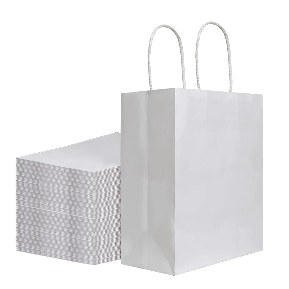 Bolsas de papel Kraft en blanco y blanco personalizadas, bolsas de mano en blanco reutilizables, embalaje de regalo, bolsas de papel Kraft en blanco