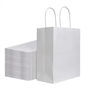 أكياس ورق كرافت بيضاء فارغة مخصصة قابلة لإعادة الاستخدام فارغة حقائب حمل للهدايا تغليف أكياس ورق كرافت فارغة