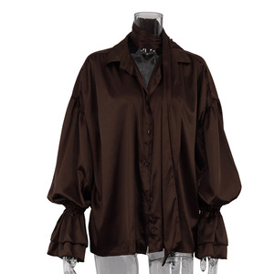 Camicetta da <span class=keywords><strong>donna</strong></span> con maniche svasate, ampia, in raso <span class=keywords><strong>marrone</strong></span>, elegante, con risvolto, per la primavera - Product Image 5