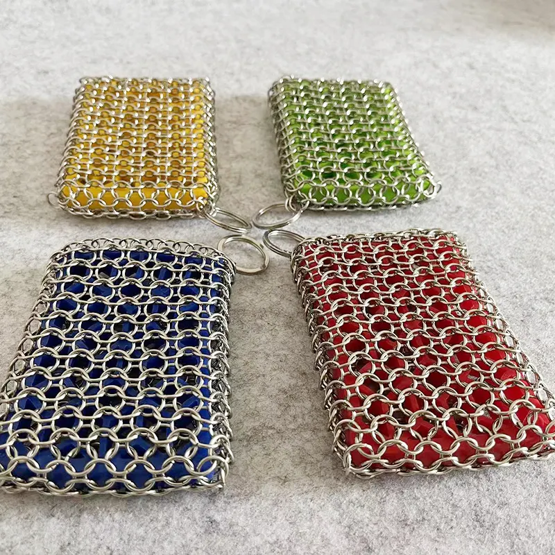 316 stainless steel chain mail scrubber with silicone insert for cast iron pans kitchen cast iron cleaner