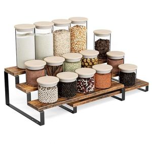3 Tier Spice Rack Organizers Expandable Cabinet Organizers for Kitchen Organization <b>Rustic</b> Brown Wood and Metal Tiered <b>Shelves</b> - Product Image 1