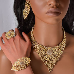 Nouveauté Collier, boucles d'oreilles, bague et bracelet en cuivre plaqué or 14 carats, ensembles de bijoux de mariée pour femmes - Product Image 4