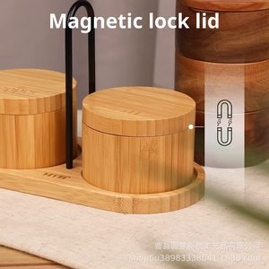 Wooden spice jar with magnetic rotating lid, <b>bamboo</b> spice <b>container</b>, household kitchen seasoning <b>container</b> storage box - Product Image 3