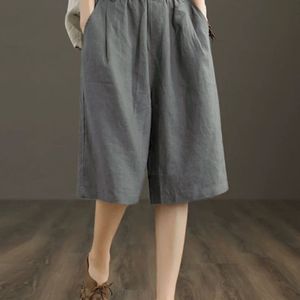 Cropped Casual Cotton Linen Wide Leg Pants Plus Size Women's Loose Fit Summer Style Ginger Yellow Black White Gray - Product Image 3
