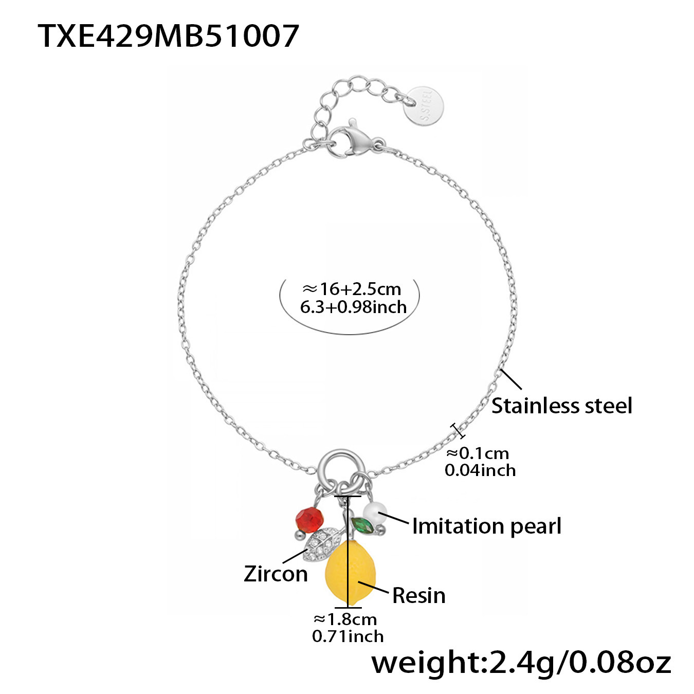 Bracciale pendente color Txe429-steel limone 16 3cm