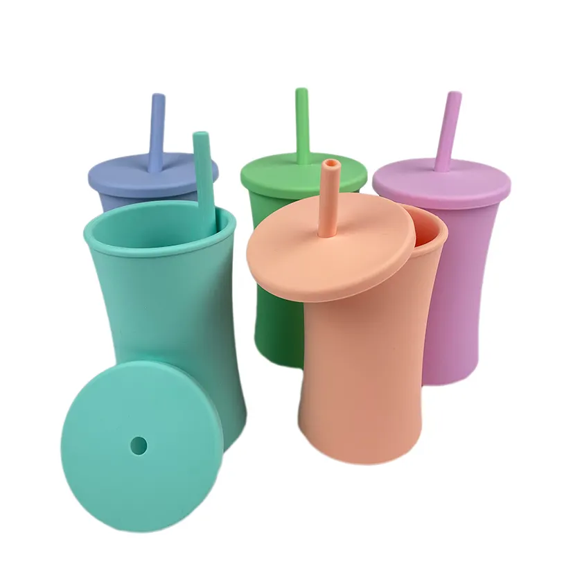 다채로운 100% 식품 학년 실리콘 쉽게 그립 비 유출 컵 뚜껑 짚 실리콘 커피 컵
