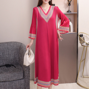 Vestido plisado para mujer Miyake con estampado étnico-Vestido MIDI con cinturón y manga acampanada con cuello en V para <span class=keywords><strong>elegante</strong></span> - Product Image 4