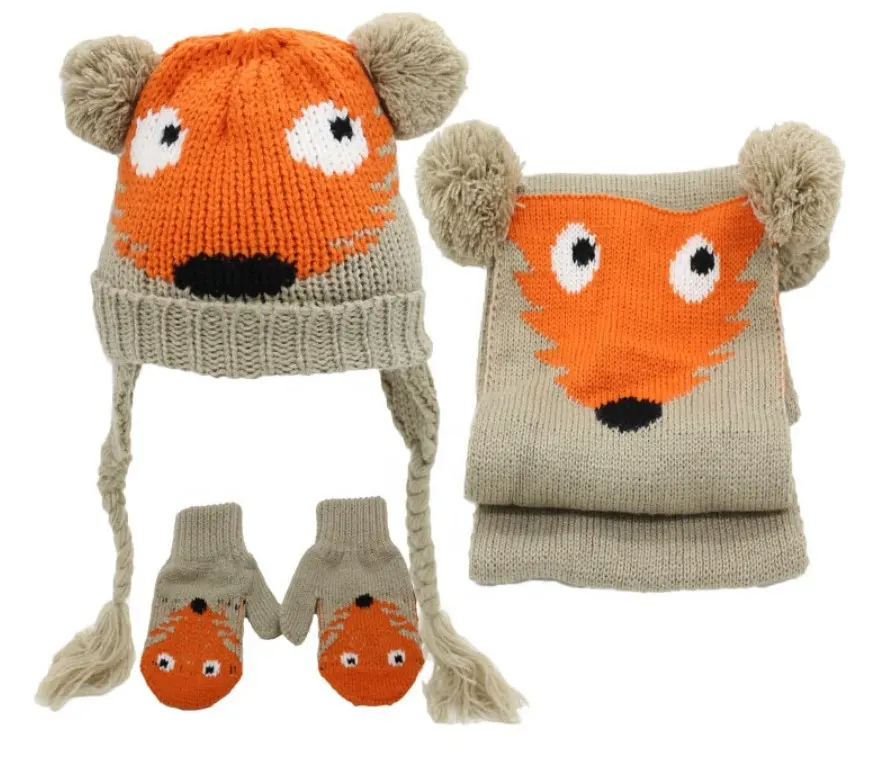 Kids Acrylic Cold Weather Acrylic Fox Jacquard Knitted Hat Scarf Glove 3pc Set