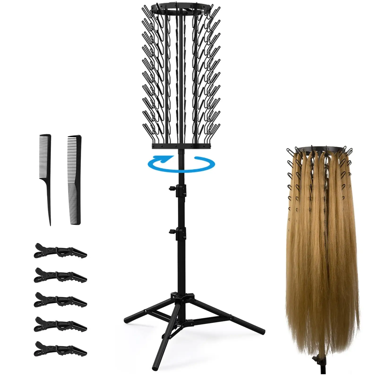 Estante de Pelo trenzado de rotación con 120 clavijas, estante de pelo ajustable en altura para soporte de extensión de cabello trenzado