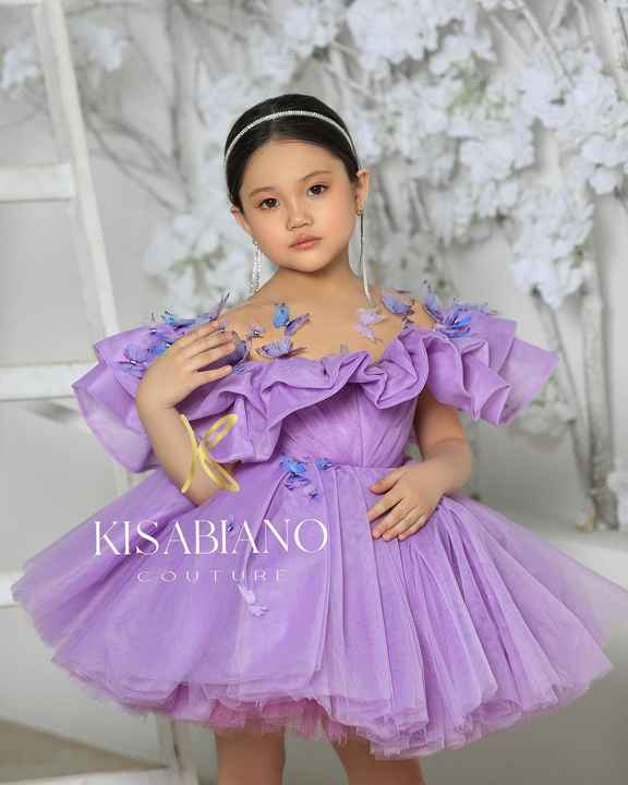 Birthday Party 3D Butterflies Mauve Tulle Ruffles Wedding Flower Girl Dress main image 0