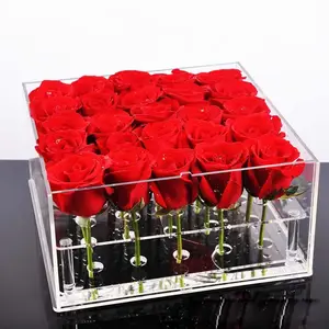 6x6 inç akrilik taze çiçek hediye kutusu büyük gül 25 delik çiçek konteyner temizle Lucite düğün hediye kutuları