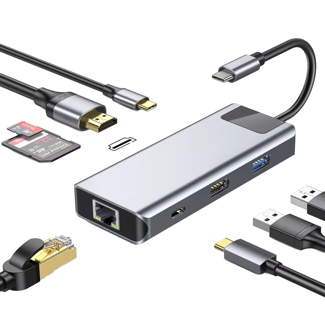 USB C HUB 7 in 1 Multiport Hub with USB-C to HDTV 4K60Hz SD/TF Card Reader 3*USB 3.0 100W Power Delivery Charge in Stock