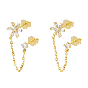 Pendientes de Plata de Ley S925 con Borla de Cadena de Flores Geométricas y Diamante Solitario - Product Image 1