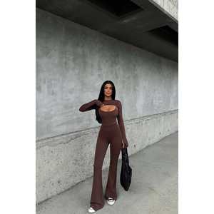 Women's Brown <b>Jumpsuit</b> Window Detail Bow Collar Knitted Fitness Yoga <b>Jumpsuit</b> for Autumn Summer <b>Parties</b> Midi Printed Pattern - Product Image 3