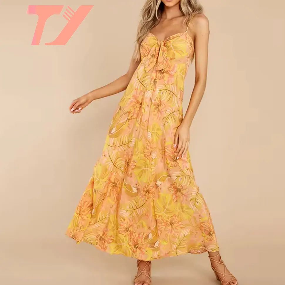 TUOYI hersteller sommer damen langes maxibohemännisches kleid großhandel benutzerdefiniertes gelbes blumendruck boho strand frühlingskleid