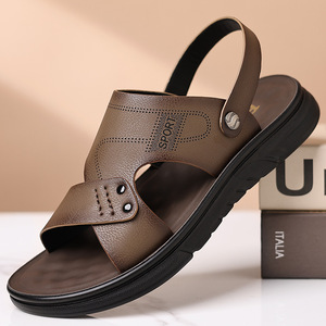 Sandales pour hommes en cuir véritable à brides croisées, à bout ouvert, respirantes, décontractées, pour l'été - Product Image 1