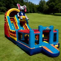 Structure gonflable à double toboggan sur le thème de l'éléphant de cirque, en PVC écologique, marque DST, couleurs personnalisées, logo, garantie 3 ans, pour enfants