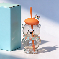 Gobelet en verre avec chaîne de perles, motif chat et ours avec chapeau béret, mignon et tendance, pour thé au lait et café, avec motif ours orange et chapeau, pour une ambiance apaisante