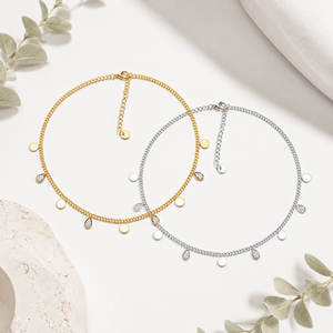 Collier avec pendentif disque et goutte d'eau en acier inoxydable, zircone cubique, chaîne gourmette, couleurs or et argent - Product Image 1