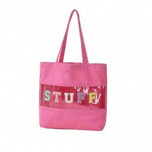 Bolsa de Compras de Lona de Algodón con Letras Bordadas Personalizadas, Bolsa de Mano de Lona Transparente de PVC - Product Image 1