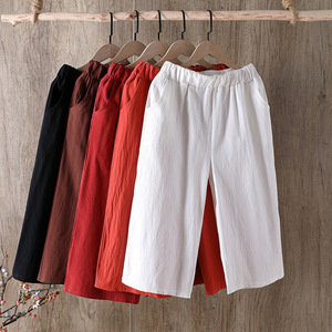 Pantalon large 7/8 taille haute en mélange coton-lin, fin et respirant, décontracté pour femme, coupe droite ample, style estival - Product Image 3