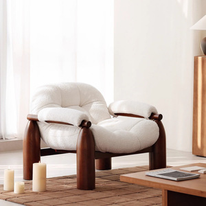 Fauteuil capitonné en bois massif, style vintage, chaise de salon, design minimaliste en tissu - Product Image 1