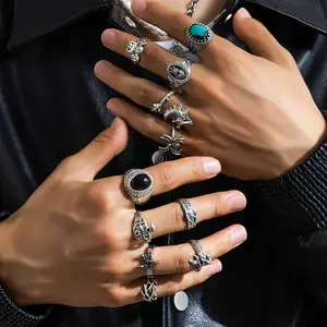 男士戒指套装11件套/套几何黑色水晶戒指哥特式嘻哈复古骷髅龙蜘蛛蝎子朋克男士戒指