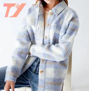 TUOYI Mujer Plaid estampado cepillado camisa manga larga chaqueta de lana de gran tamaño